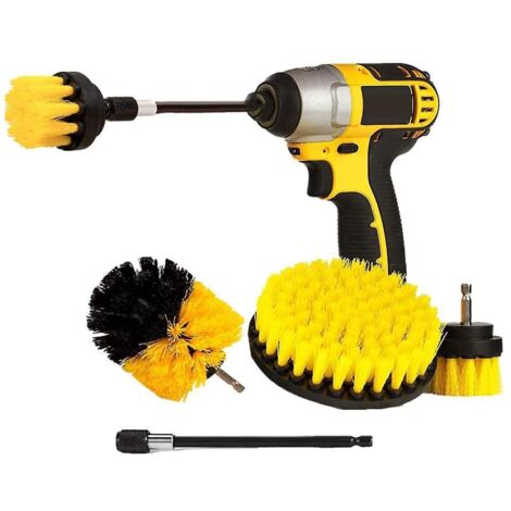 Ensemble de 4 brosses de nettoyage pour perceuse, pour voiture, carrelage, moquette, baignoire, cuisine et toilettes - Jaune