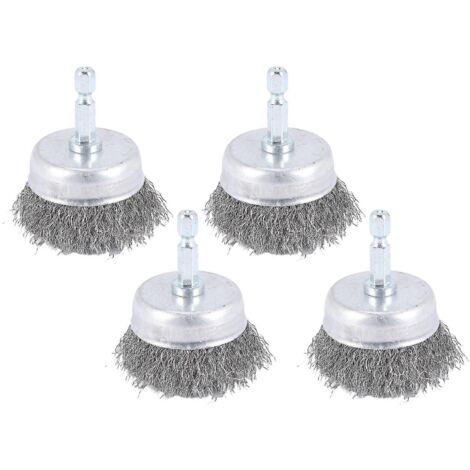 Ensemble de 4 brosses métalliques à godet, brosses métalliques pour perceuse, alésage 1/4 pouce, grain 0,010 pouce, acier au carbone grossier - 2 pouces