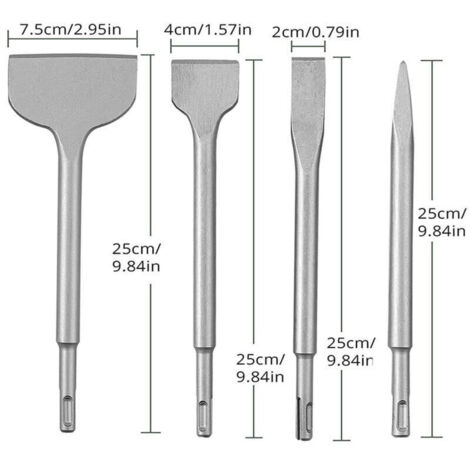 Ensemble de 4 burins à béton, ensemble de forets pour marteau perforateur, comprenant un burin pointu, un burin plat de 20 mm, 40 mm et 75 mm