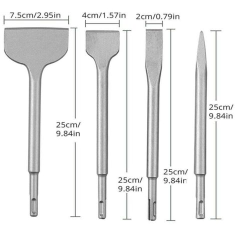 Ensemble de 4 burins à béton, ensemble de forets pour marteau perforateur, comprenant un burin pointu, un burin plat de 20 mm, 40 mm et 75 mm