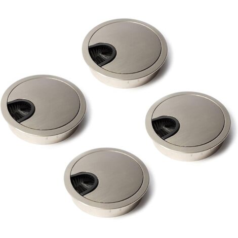 Ensemble de 4 cache-câbles ronds en métal brossé argenté, à encastrer sur les tables et meubles de bureau  passe-câbles de 60 mm