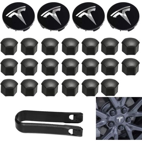 Ensemble de 4 cache-moyeux et cache-écrous de roue blancs avec logo Tesla