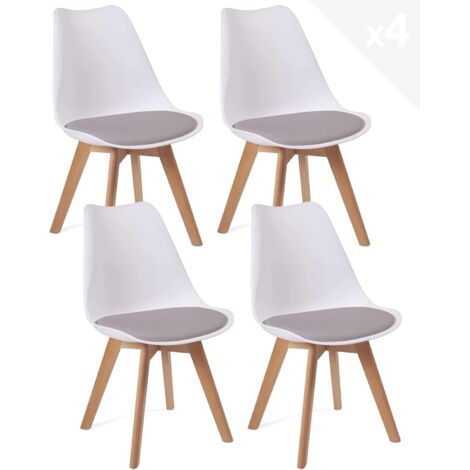 Ensemble de 4 chaises de design scandinave pour cuisine, salle à manger ou chambre - Assise large en plastique souple - Assise avec coussin rembourré en similicuir - Pieds en hêtre clair du Laos (blan