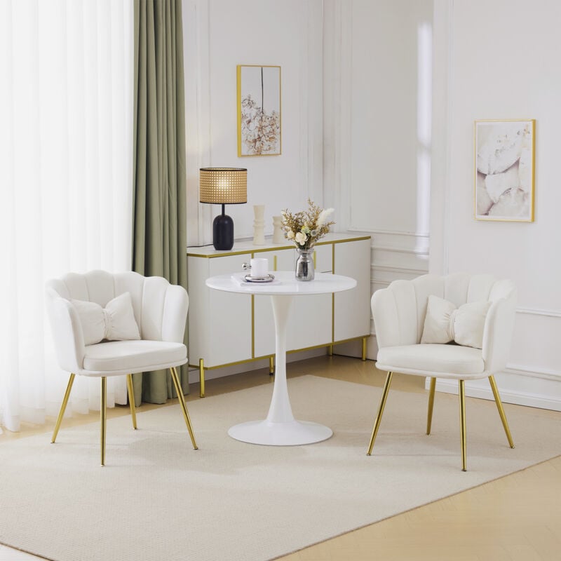 Redom - Ensemble de 2 chaises de salon modernes en velours, chaises de salle de bain, chaises rembourrées avec dossier pétale, pieds en métal plaqué