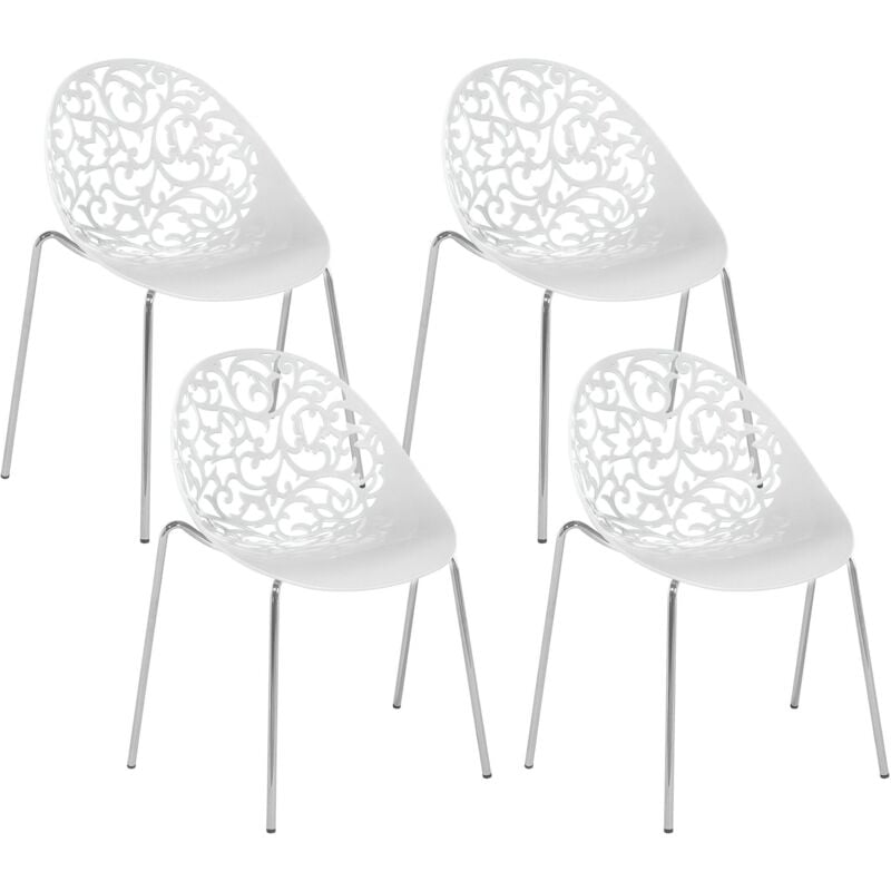 Beliani - Lot 4 Chaises Design en Plastique Blanc sur Pieds Métalliques Style Ultra Moderne pour Salle à Manger Salon ou Terrasse Tendance