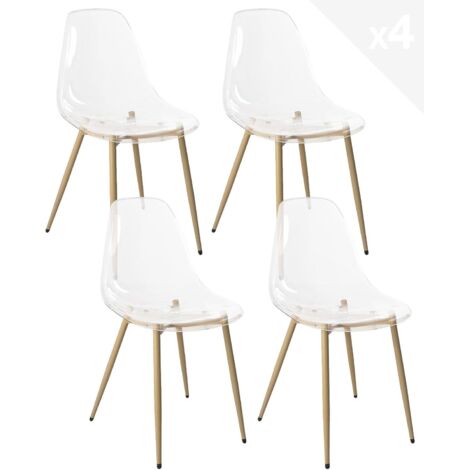Ensemble de 4 chaises transparentes pour cuisine, salle à manger ou chambre à coucher, assise en plastique translucide, pieds en métal, teinte bois clair Nova (transparent)