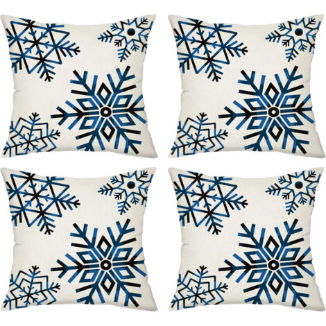 Ensemble de 4 coussins de canapé à carreaux noirs et bleus, motif élan de Noël et flocon de neige