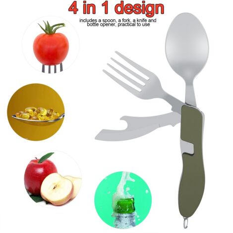 Ensemble de 4 couteaux, fourchettes et cuillères pliables et portables en acier inoxydable, vert, idéal pour le camping et les pique-niques.
