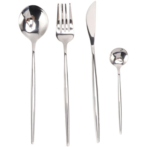 Ensemble de 4 couverts en argent poli miroir pour restaurant et maison, couteaux et ustensiles de table brillants.