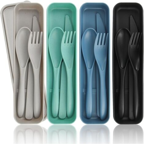 Ensemble de 4 couverts réutilisables en plastique avec boîte,couteau et fourchette-Couverts portables parfaits pour les voyages