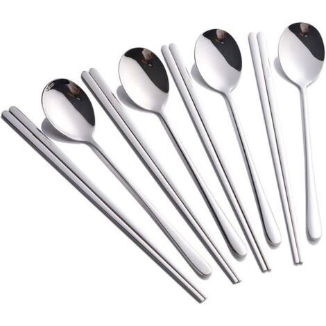 Ensemble de 4 cuillères et baguettes en acier inoxydable pour dîner, ensemble de cuillères et baguettes coréennes (8 pièces argenté