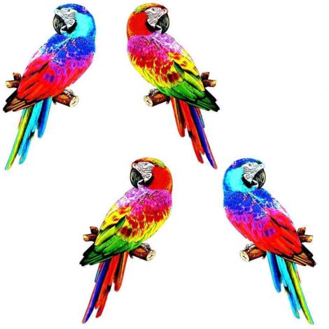 Ensemble de 4 décorations murales en métal représentant des perroquets de 38 cm (15 pouces), sculptures d'oiseaux colorés.