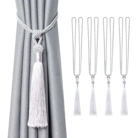 Ensemble de 4 embrasses de rideaux à longs pompons, attaches de rideaux en corde tressée à la main, gris argenté