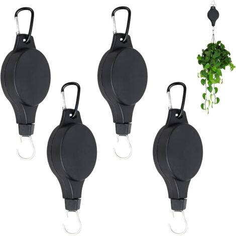 Ensemble de 4 enrouleurs rétractables pour suspendre plantes d'intérieur et d'extérieur, pots de fleurs, paniers de jardin et mangeoires à oiseaux - Noir