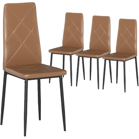 Ensemble de 4 fauteuils de salle à manger rembourrés en cuir synthétique avec dossier haut et pieds en acier, 41x50x97 cm marron