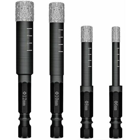 Ensemble de 4 forets diamantés pour carrelage (céramique, porcelaine, grès cérame, verre, pierre). Forets diamantés professionnels pour carrelage - 6 mm, 8 mm, 10 mm et 12 mm.