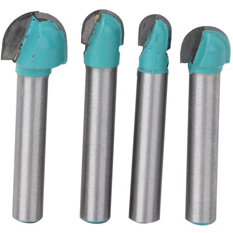 Ensemble de 4 fraises à bois 6mm à queue ronde pour défonceuse, idéales pour rainurage et profilage en menuiserie.