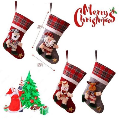 Ensemble de 4 grandes bottes de Père Noël à remplir, chaussettes de Noël, sacs cadeaux, décorations de sapin avec Père Noël, bonhomme de neige, renne et ours.