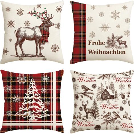 Ensemble de 4 housses de coussin  en forme de sapin de Noël, motif buffle rouge, 45 x 45 cm, pour canapé et salon.