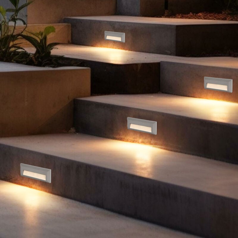 Eclairage de marche extérieur éclairage d'escalier de jardin terrasse, gris, led 3W 110Lm blanc neutre, LxHxP 23x8x2,8 cm, lot de 4