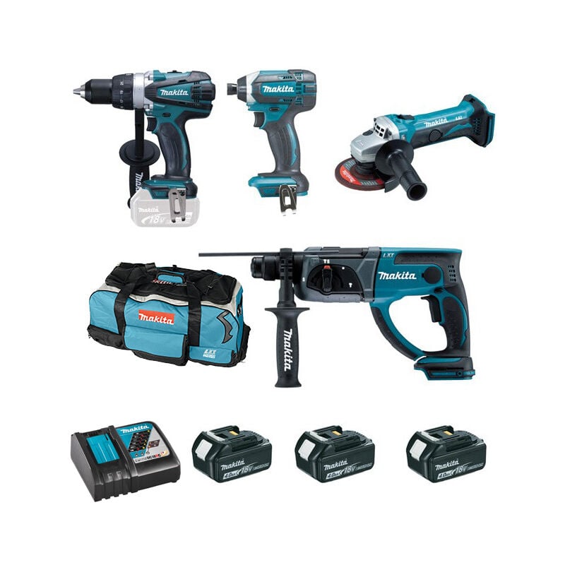 Ensemble de 4 machines 18V, Perceuse DDF458 + Meuleuse DTD152 + Perfo DHR202 + Visseuse DGA452 - MAKITA - 3 Batteries 18V 4.0Ah - chargeur - sac de