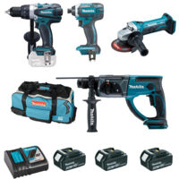 Ensemble de 4 machines MAKITA - 3 Batteries 18V Li-Ion 4.0 - Perceuse DDF458 + Meuleuse DTD152 + Perfo DHR202 + Visseuse DGA452 - DLX4054MX1