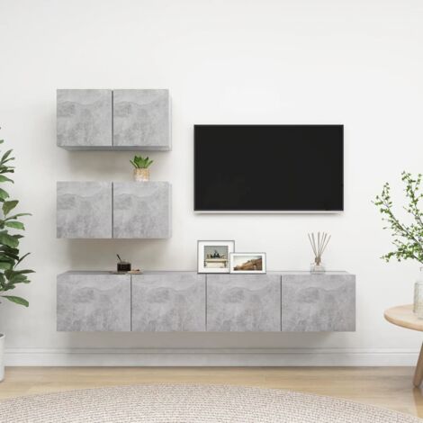 Ensemble de 4 meuble TV - Armoire Télévision Moderne  Banc TV Gris béton Aggloméré -FR71270