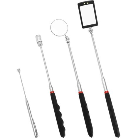 Ensemble de 4 miroirs d'inspection, miroir d'inspection carré/rond, outil de préhension magnétique 8 lb/1,5 lb, piles non incluses