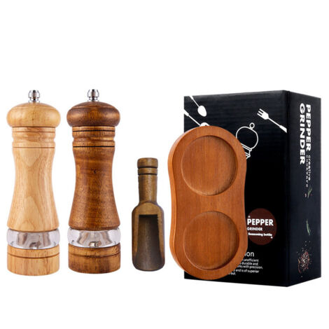 Ensemble de 4 moulins à sel et poivre en bois avec base et cuillère, style naturel