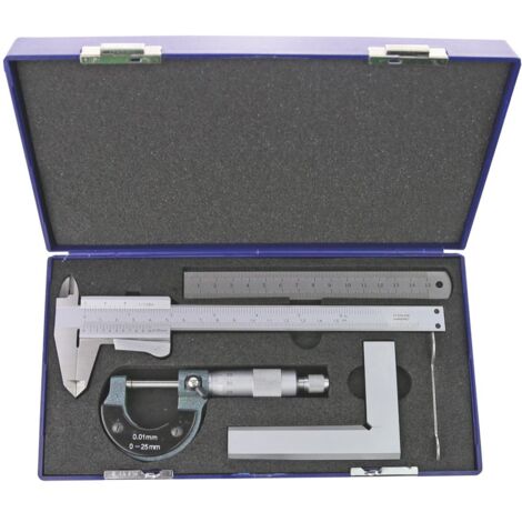 Ensemble de 4 outils de mesure pieds à coulisse analogue latte en inox 150 mm micromètre 0-25 mm équerre 100x70 mm MIB CMS41