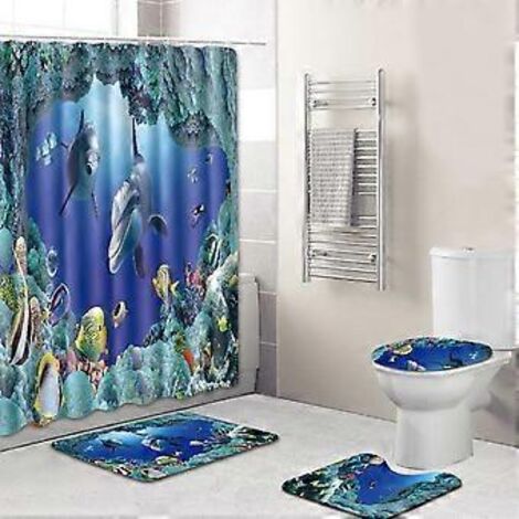 Ensemble de 4 pièces (180 x 180 cm) comprenant un rideau de douche et un tapis de bain imprimé dauphin, ainsi qu'un couvre-toilette et un tapis de bain imperméables en polyester.