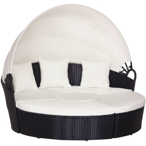 Ensemble de 4 pièces : canapé circulaire de jardin, meubles sectionnels en rotin noir, toit beige et coussins 180x175x147cm
