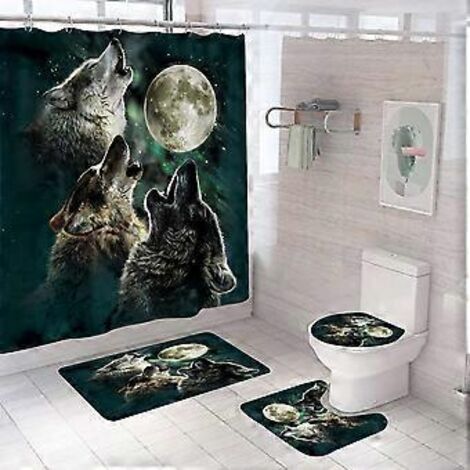 Ensemble de 4 pièces comprenant un rideau de douche animalier, un tapis antidérapant, un couvercle de toilette et un tapis de bain. Rideau de douche vintage imperméable avec 12 crochets.