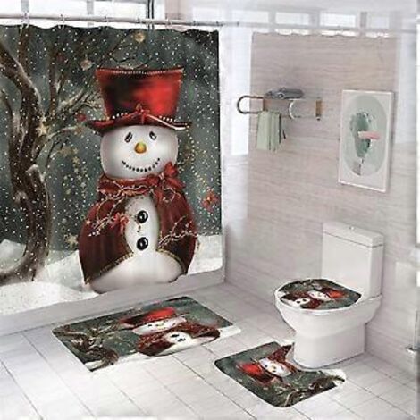 Ensemble de 4 pièces comprenant un rideau de douche de Noël avec bonhomme de neige, un tapis de bain, un couvre-abattant de toilette et un tapis de bain pour une décoration de salle de bain de Noël.