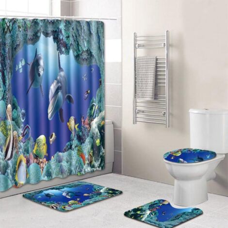 Ensemble de 4 pièces comprenant un rideau de douche et un tapis de bain imprimé dauphin (180 x 180 cm).
