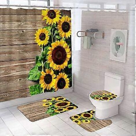 Ensemble de 4 pièces comprenant un rideau de douche tournesol, un tapis antidérapant, un couvercle de toilette et un tapis de bain. Rideau de douche vintage imperméable avec 12 crochets.
