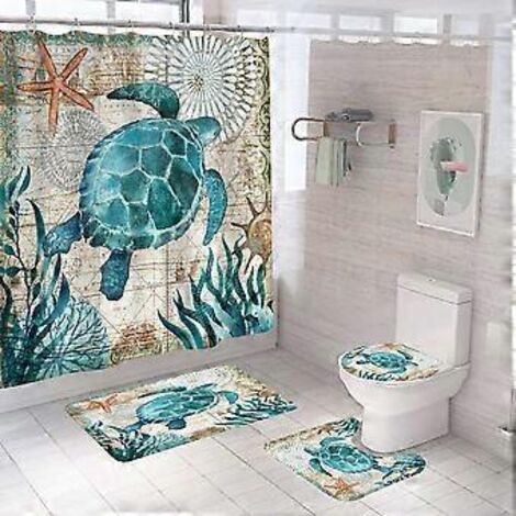 Ensemble de 4 pièces comprenant un rideau de douche, un tapis de bain et un couvercle de toilette antidérapants, ainsi qu'un rideau de douche imperméable de style vintage avec 12 crochets.