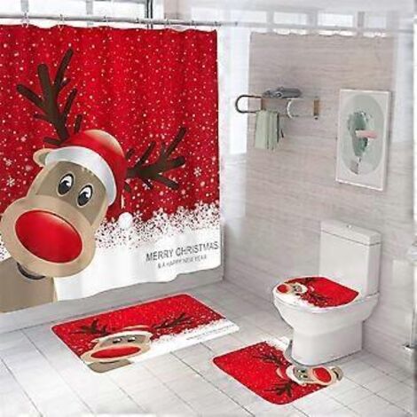 Ensemble de 4 pièces comprenant un rideau de douche, un tapis de bain, un couvre-abattant et un tapis de toilette pour la décoration de votre salle de bain de Noël.