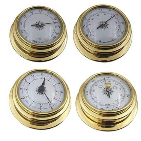 Ensemble de 4 pièces comprenant un thermomètre, un hygromètre, un baromètre, une horloge et un baromètre marin.
