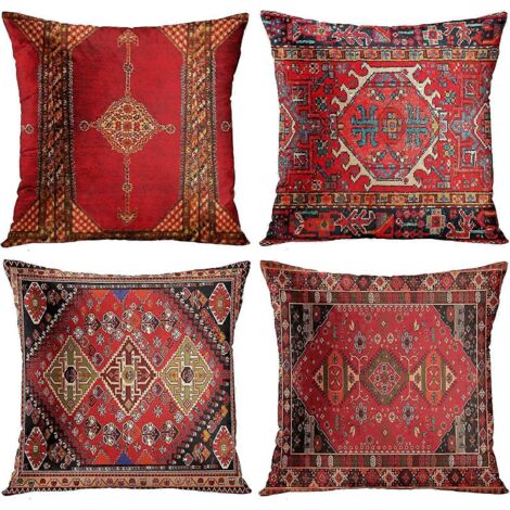 Ensemble de 4 pièces Dww-Tapis turc persan vintage rouge à motifs floraux, housse de coussin en lin, coussin de maison, housse d'oreiller, motif kilim persan géométrique, décoration intérieure, 4 pièc