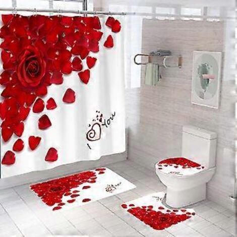 Ensemble de 4 pièces pour la Saint-Valentin : rideau de douche rose avec tapis antidérapant, couvercle de toilette et tapis de bain, rideau de douche vintage imperméable avec 12 crochets.