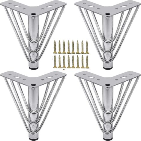Ensemble de 4 pieds de meuble en métal chromé avec vis et patins de protection pour le sol - Pieds de remplacement modernes pour canapé, table basse, meuble TV, meuble de salle de bain