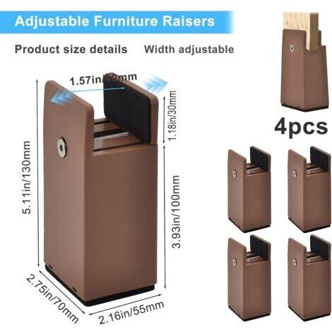 Ensemble de 4 pieds de meuble, rehausseurs réglables, marron, hauteur 100 mm, compatibles avec des hauteurs de 10 à 37 mm.