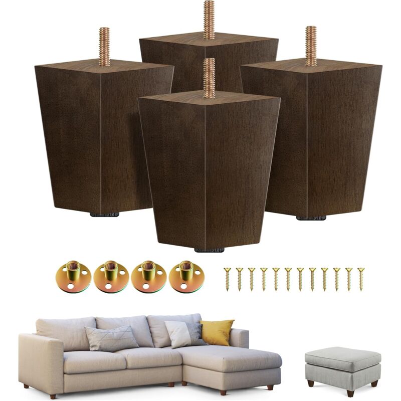 Ensemble de 4 pieds de meubles carrés en bois de 4 pouces (environ 10,2 cm), pieds de canapé de remplacement marron, pieds modernes du milieu du