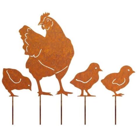 Ensemble de 4 piquets décoratifs en métal pour jardin, thème poule, décoration extérieure.