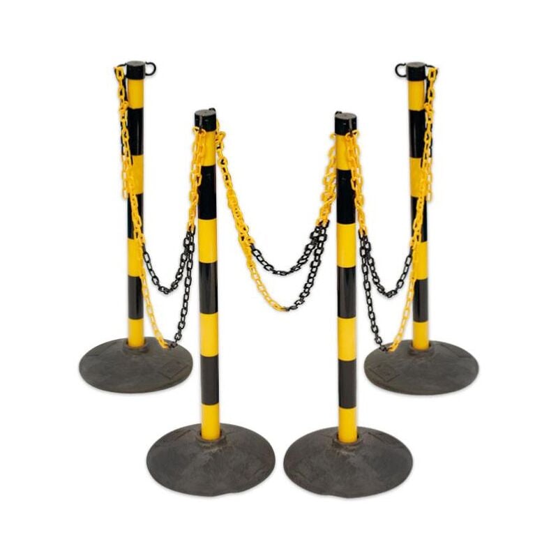 4 poteaux et chaine de signalisation sécurité, haute visibilité jaune et noir, 25 mètres