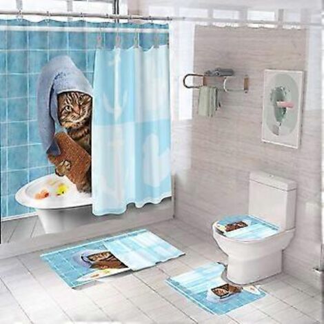 Ensemble de 4 rideaux de douche animaux avec tapis antidérapant, couvercle de toilette et tapis de bain, rideau de douche vintage imperméable avec 12 crochets