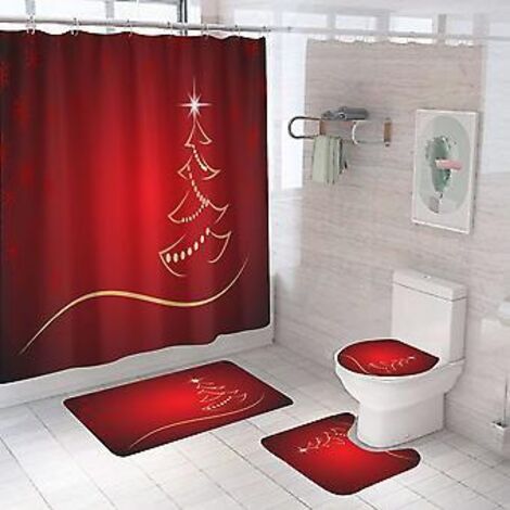 Ensemble de 4 rideaux de douche de Noël avec tapis antidérapants (style D), couvercle de toilette et tapis de bain, rideau de douche vintage imperméable avec 12 crochets