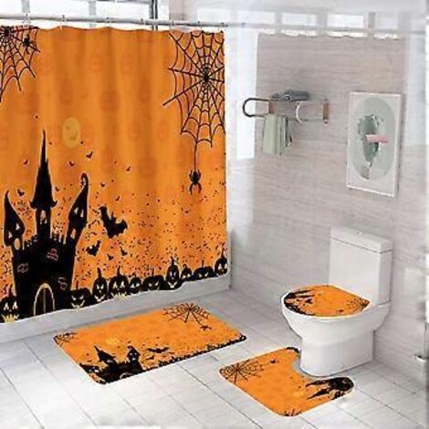 Ensemble de 4 rideaux de douche d'Halloween avec tapis, château de chauves-souris, rideaux de douche pour la décoration de salle de bain d'Halloween, décoration de salle de bain d'Halloween, couvre-ab