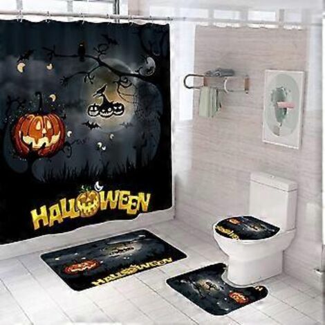 Ensemble de 4 rideaux de douche d'Halloween avec tapis, citrouille et tombe, pour la décoration de salle de bain et de couvercle de toilette.